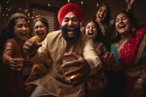 Indian sikh religious family celebrating traditional festival.